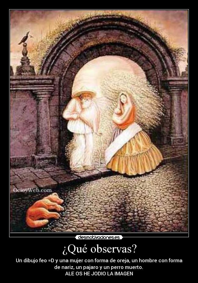 ¿Qué observas? - Un dibujo feo =D y una mujer con forma 
de oreja, un hombre con forma de nariz, un pajaro y un perro muerto. 
ALE OS HE JODIO LA IMAGEN