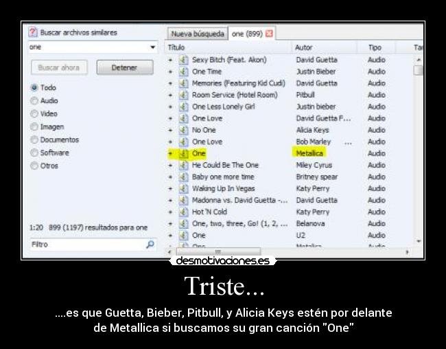 Triste... - ....es que Guetta, Bieber, Pitbull, y Alicia Keys estén por delante
de Metallica si buscamos su gran canción One
