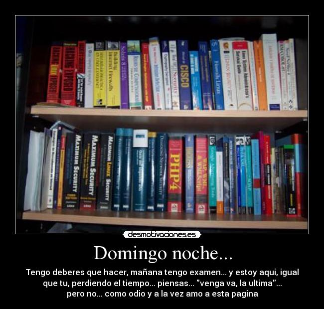 Domingo noche... - Tengo deberes que hacer, mañana tengo examen... y estoy aqui, igual
que tu, perdiendo el tiempo... piensas... venga va, la ultima...
pero no... como odio y a la vez amo a esta pagina
