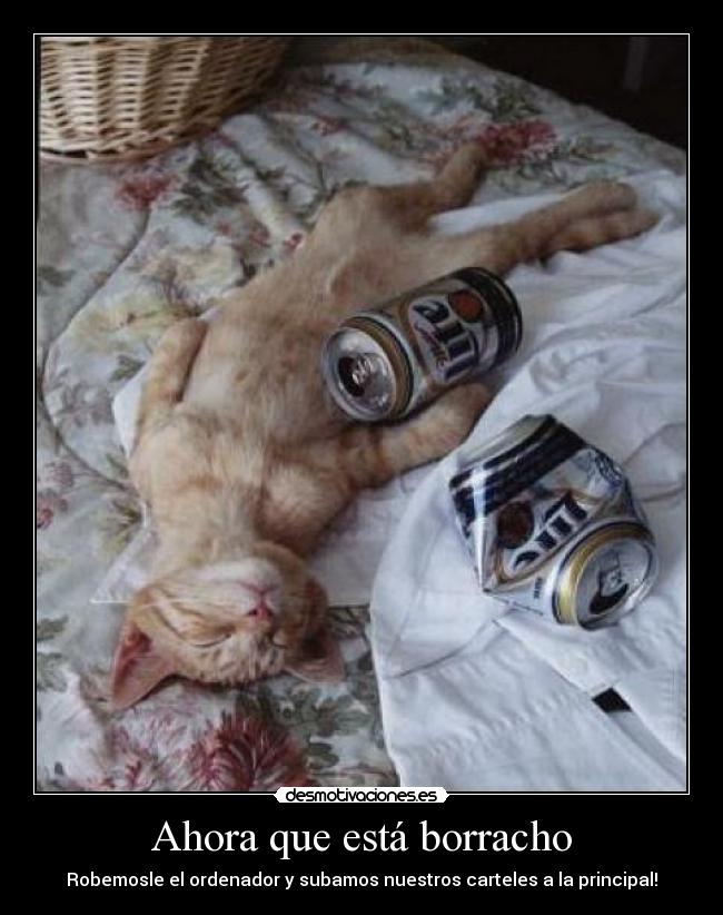 Ahora que está borracho - Robemosle el ordenador y subamos nuestros carteles a la principal!