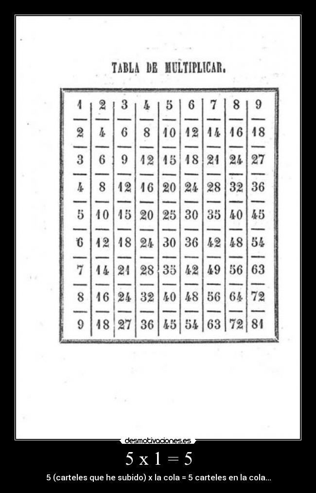 5 x 1 = 5 - 5 (carteles que he subido) x la cola = 5 carteles en la cola...
