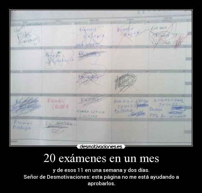 20 exámenes en un mes - y de esos 11 en una semana y dos días.
Señor de Desmotivaciones: esta página no me está ayudando a aprobarlos.