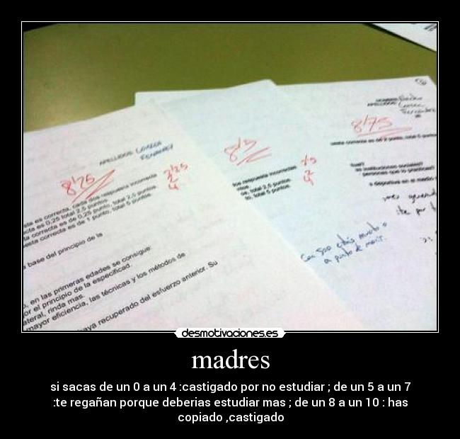 madres - si sacas de un 0 a un 4 :castigado por no estudiar ; de un 5 a un 7
:te regañan porque deberias estudiar mas ; de un 8 a un 10 : has
copiado ,castigado