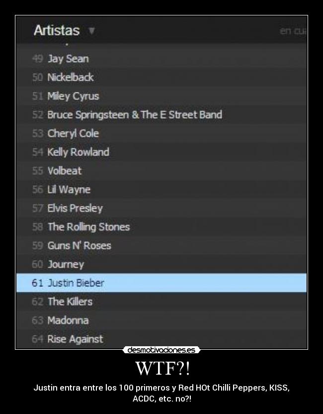 WTF?! - Justin entra entre los 100 primeros y Red HOt Chilli Peppers, KISS, ACDC, etc. no?!