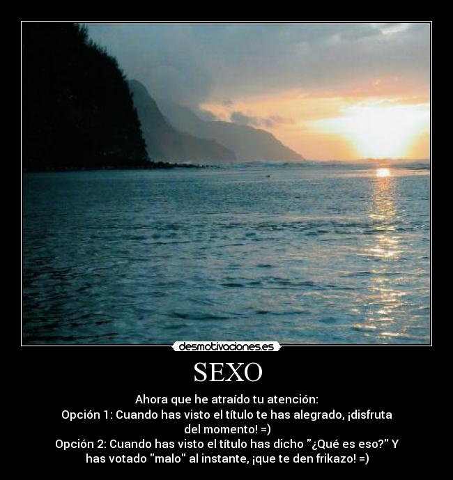 SEXO - Ahora que he atraído tu atención:
Opción 1: Cuando has visto el título te has alegrado, ¡disfruta
del momento! =)
Opción 2: Cuando has visto el título has dicho ¿Qué es eso? Y
has votado malo al instante, ¡que te den frikazo! =)