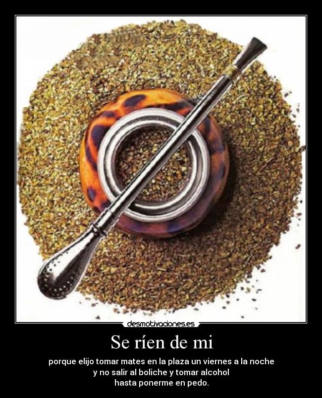 Se ríen de mi - porque elijo tomar mates en la plaza un viernes a la noche
y no salir al boliche y tomar alcohol
hasta ponerme en pedo.