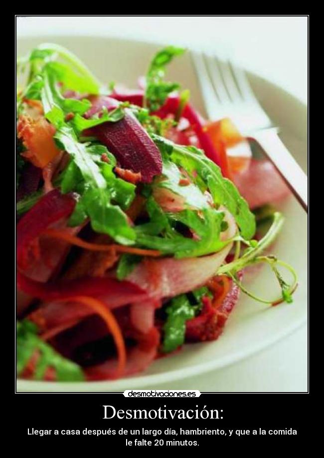Desmotivación: - Llegar a casa después de un largo día, hambriento, y que a la comida
le falte 20 minutos.