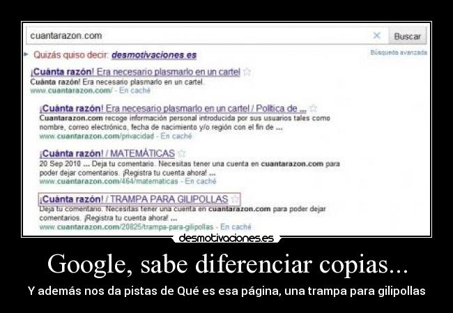 Google, sabe diferenciar copias... - Y además nos da pistas de Qué es esa página, una trampa para gilipollas