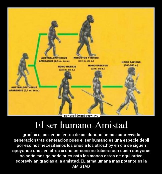 El ser humano-Amistad - gracias a los sentimientos de solidaridad hemos sobrevivido
generación tras generación pues el ser humano es una especie débil
por eso nos necesitamos los unos a los otros,hoy en dia se siguen
apoyando unos en otros si una persona no tubiera con quien apoyarse
no seria mas qe nada pues asta los monos estos de aqui arriva
sobrevivian gracias a la amistad. EL arma umana mas potente es la
AMISTAD