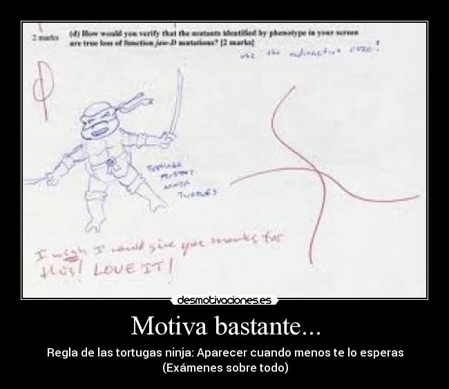 Motiva bastante... - Regla de las tortugas ninja: Aparecer cuando menos te lo esperas
(Exámenes sobre todo)