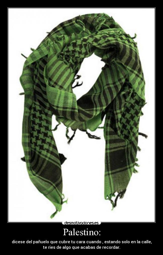 Palestino: - dicese del pañuelo que cubre tu cara cuando , estando solo en la calle,
te ries de algo que acabas de recordar.