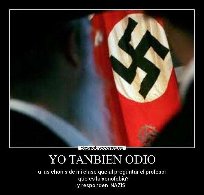 YO TANBIEN ODIO - a las chonis de mi clase que al preguntar el profesor
-que es la xenofobia?
y responden NAZIS