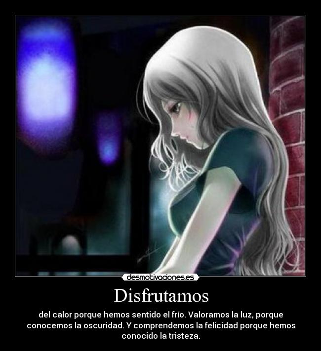 Disfrutamos - del calor porque hemos sentido el frío. Valoramos la luz, porque
conocemos la oscuridad. Y comprendemos la felicidad porque hemos
conocido la tristeza.