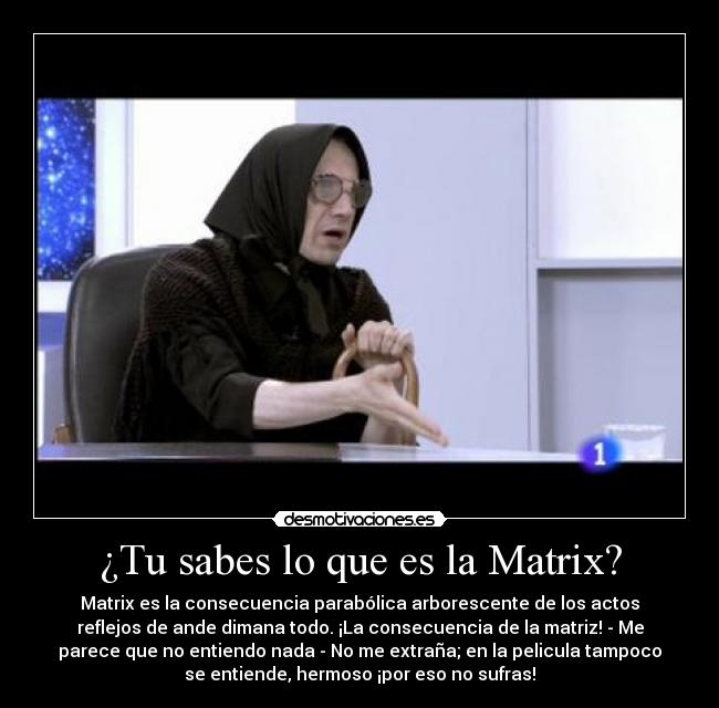 ¿Tu sabes lo que es la Matrix? - Matrix es la consecuencia parabólica arborescente de los actos
reflejos de ande dimana todo. ¡La consecuencia de la matriz! - Me
parece que no entiendo nada - No me extraña; en la pelicula tampoco
se entiende, hermoso ¡por eso no sufras!