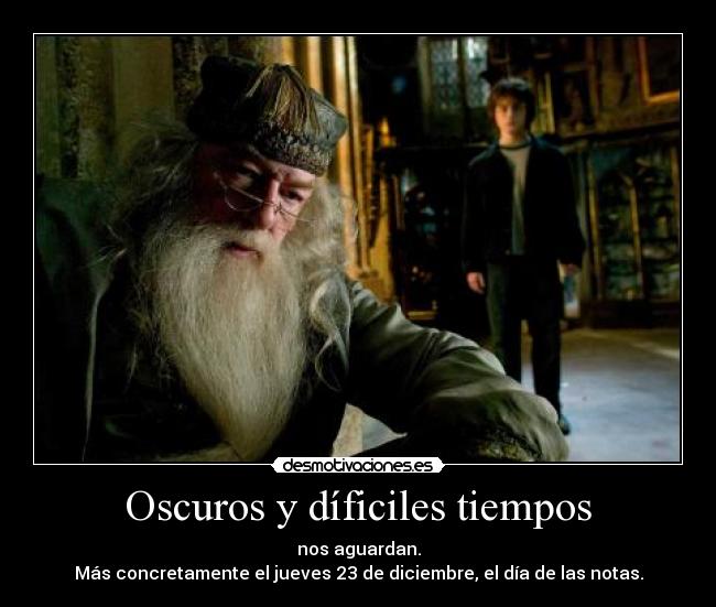 Oscuros y díficiles tiempos - nos aguardan.
Más concretamente el jueves 23 de diciembre, el día de las notas.