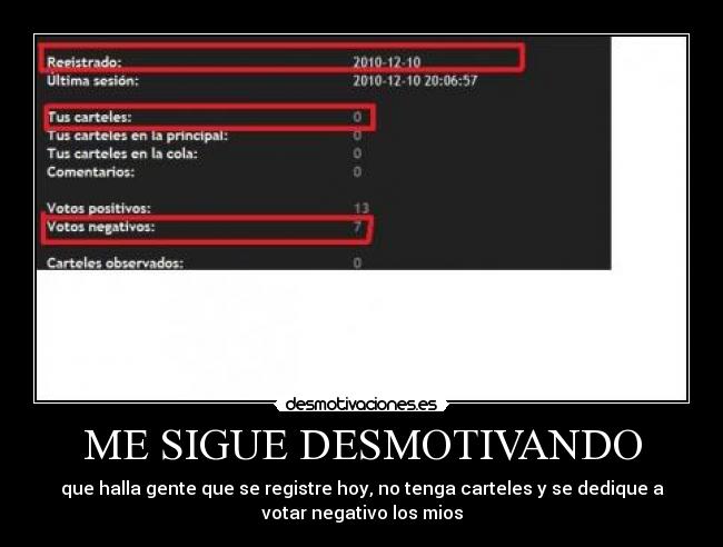 ME SIGUE DESMOTIVANDO - que halla gente que se registre hoy, no tenga carteles y se dedique a
votar negativo los mios