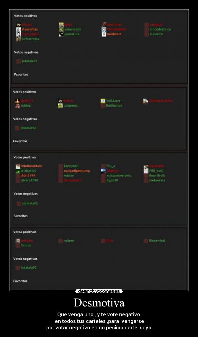 Desmotiva - Que venga uno , y te vote negativo 
en todos tus carteles ,para  vengarse
por votar negativo en un pésimo cartel suyo.