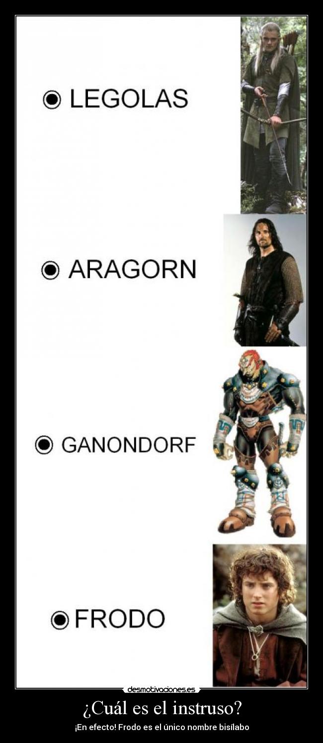 ¿Cuál es el instruso? - ¡En efecto! Frodo es el único nombre bisílabo