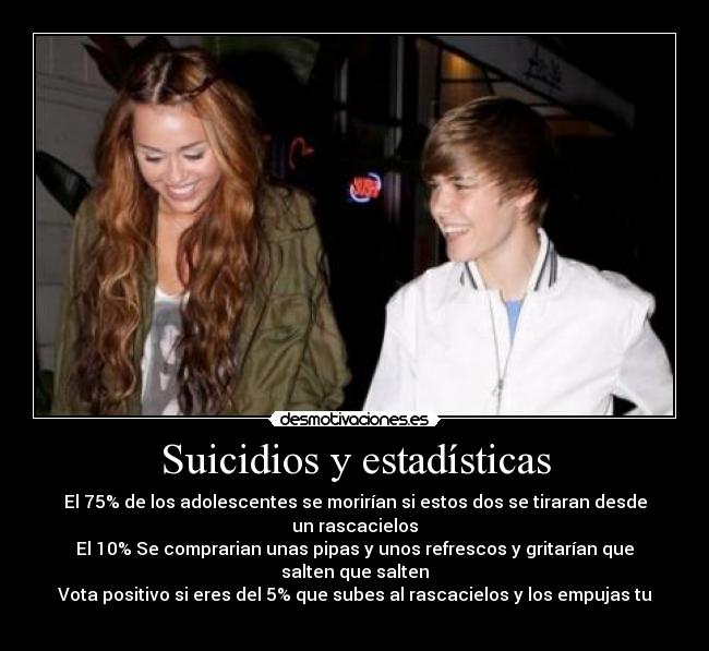 Suicidios y estadísticas - El 75% de los adolescentes se morirían si estos dos se tiraran desde un rascacielos
El 10% Se comprarian unas pipas y unos refrescos y gritarían que salten que salten
Vota positivo si eres del 5% que subes al rascacielos y los empujas tu 