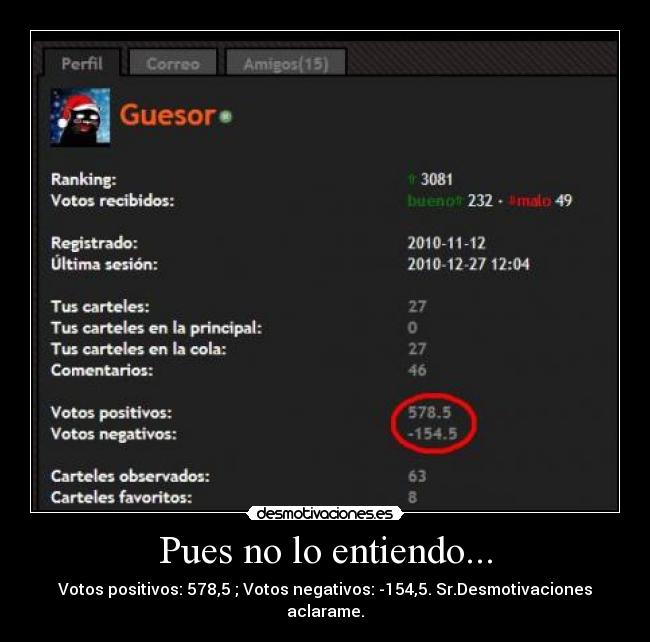 Pues no lo entiendo... - Votos positivos: 578,5 ; Votos negativos: -154,5. Sr.Desmotivaciones aclarame.