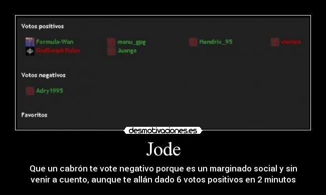 Jode - Que un cabrón te vote negativo porque es un marginado social y sin
venir a cuento, aunque te allán dado 6 votos positivos en 2 minutos