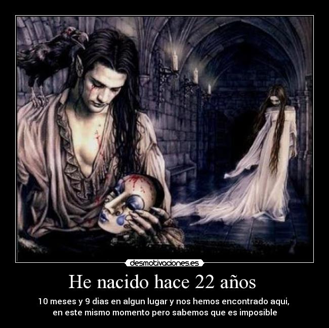 He nacido hace 22 años  - 10 meses y 9 dias en algun lugar y nos hemos encontrado aqui, 
en este mismo momento pero sabemos que es imposible