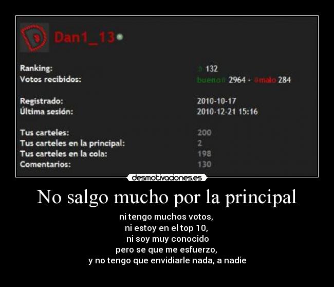 No salgo mucho por la principal - ni tengo muchos votos,
ni estoy en el top 10,
ni soy muy conocido
pero se que me esfuerzo,
y no tengo que envidiarle nada, a nadie