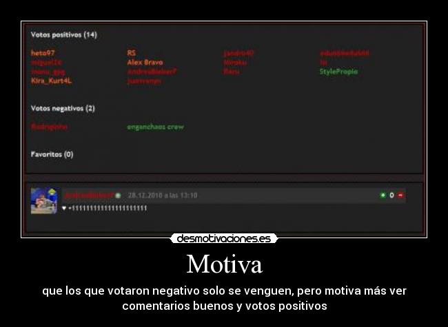 Motiva - que los que votaron negativo solo se venguen, pero motiva más ver
comentarios buenos y votos positivos