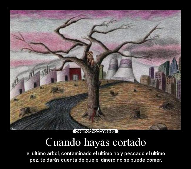 Cuando hayas cortado - el último árbol, contaminado el último río y pescado el último
pez, te darás cuenta de que el dinero no se puede comer.