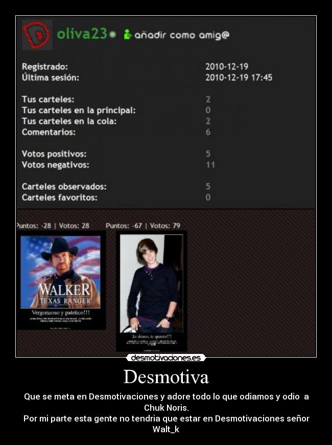 Desmotiva - Que se meta en Desmotivaciones y adore todo lo que odiamos y odio a Chuk Noris.
Por mi parte esta gente no tendria que estar en Desmotivaciones señor Walt_k