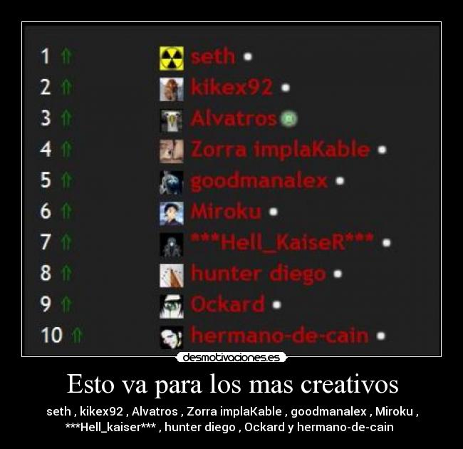 Esto va para los mas creativos - seth , kikex92 , Alvatros , Zorra implaKable , goodmanalex , Miroku ,
***Hell_kaiser*** , hunter diego , Ockard y hermano-de-cain 