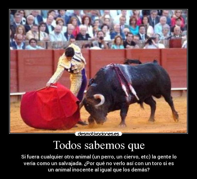 Todos sabemos que - Si fuera cualquier otro animal (un perro, un ciervo, etc) la gente lo
veria como un salvajada. ¿Por qué no verlo así con un toro si es
un animal inocente al igual que los demás?