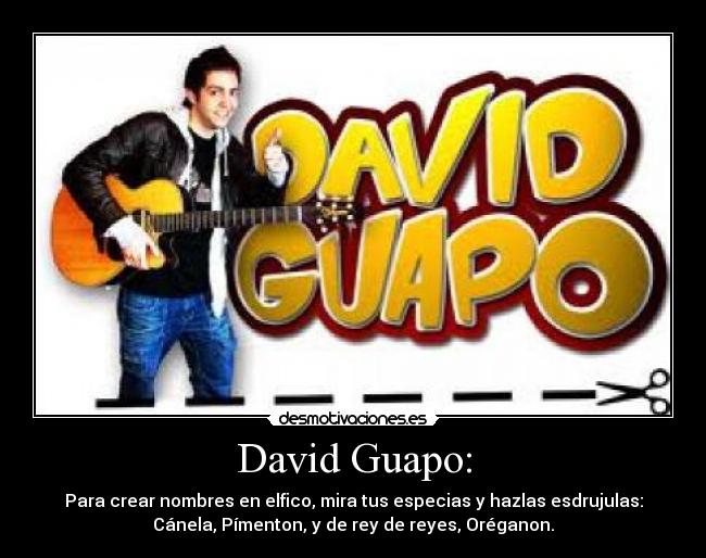 David Guapo: - Para crear nombres en elfico, mira tus especias y hazlas esdrujulas:
Cánela, Pímenton, y de rey de reyes, Oréganon.