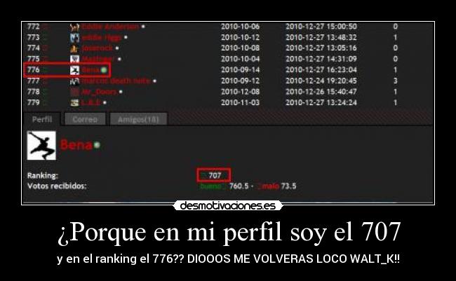 ¿Porque en mi perfil soy el 707 - y en el ranking el 776?? DIOOOS ME VOLVERAS LOCO WALT_K!!