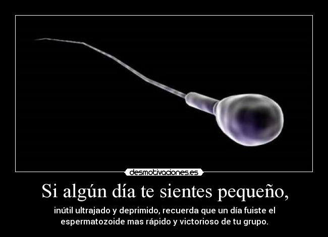 Si algún día te sientes pequeño, - inútil ultrajado y deprimido, recuerda que un día fuiste el
espermatozoide mas rápido y victorioso de tu grupo.