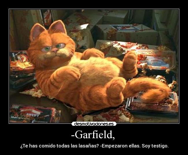 -Garfield, - ¿Te has comido todas las lasañas? -Empezaron ellas. Soy testigo.