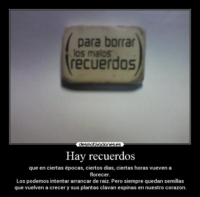 Hay recuerdos - que en ciertas épocas, ciertos días, ciertas horas vueven a
florecer.
Los podemos intentar arrancar de raiz. Pero siempre quedan semillas
que vuelven a crecer y sus plantas clavan espinas en nuestro corazon.