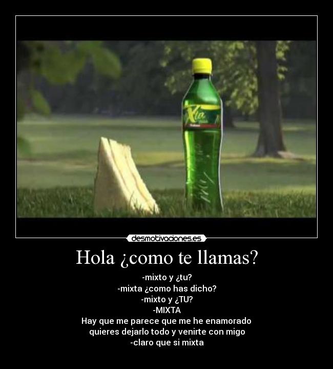 Hola ¿como te llamas? - -mixto y ¿tu?
-mixta ¿como has dicho?
-mixto y ¿TU?
-MIXTA
	Hay que me parece que me he enamorado 
quieres dejarlo todo y venirte con migo
-claro que si mixta
