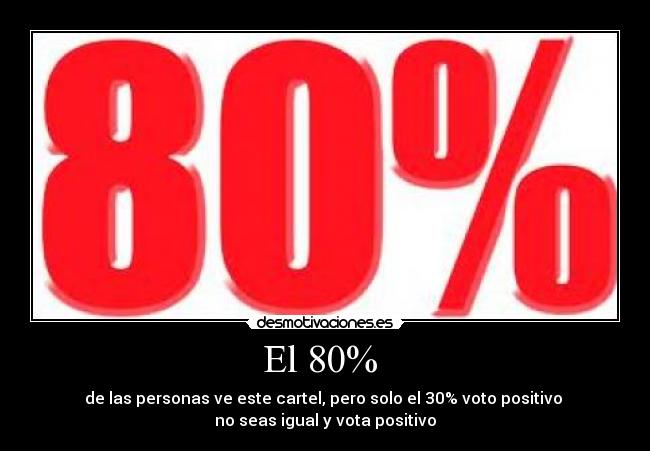 El 80% - de las personas ve este cartel, pero solo el 30% voto positivo
no seas igual y vota positivo