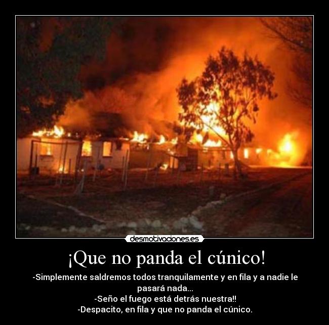 ¡Que no panda el cúnico! - -Simplemente saldremos todos tranquilamente y en fila y a nadie le pasará nada...
-Seño el fuego está detrás nuestra!!
-Despacito, en fila y que no panda el cúnico.