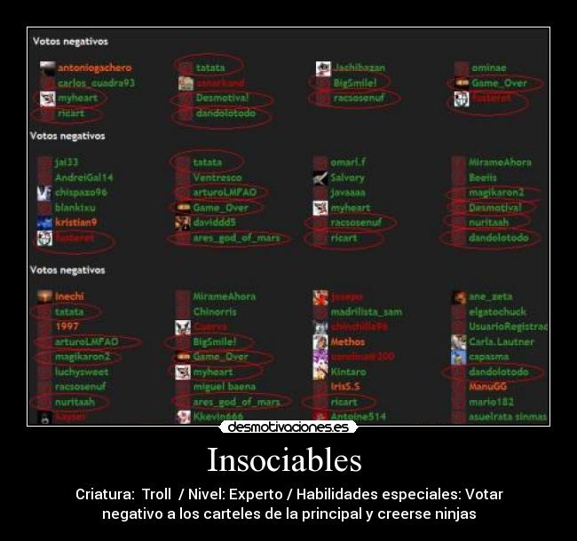 Insociables - Criatura: Troll / Nivel: Experto / Habilidades especiales: Votar
negativo a los carteles de la principal y creerse ninjas