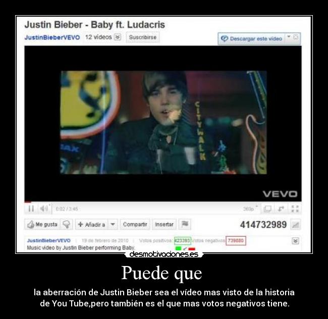 Puede que  - la aberración de Justin Bieber sea el vídeo mas visto de la historia
de You Tube,pero también es el que mas votos negativos tiene.