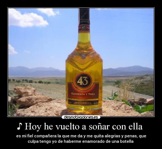♪ Hoy he vuelto a soñar con ella - es mi fiel compañera la que me da y me quita alegrias y penas, que
culpa tengo yo de haberme enamorado de una botella ♪