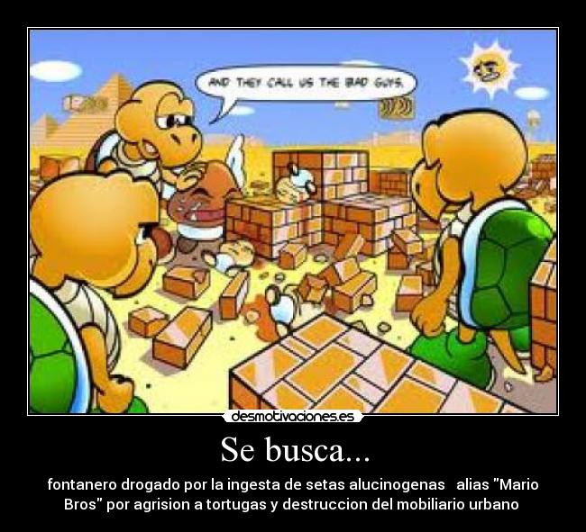 Se busca... - fontanero drogado por la ingesta de setas alucinogenas   alias Mario
Bros por agrision a tortugas y destruccion del mobiliario urbano 
