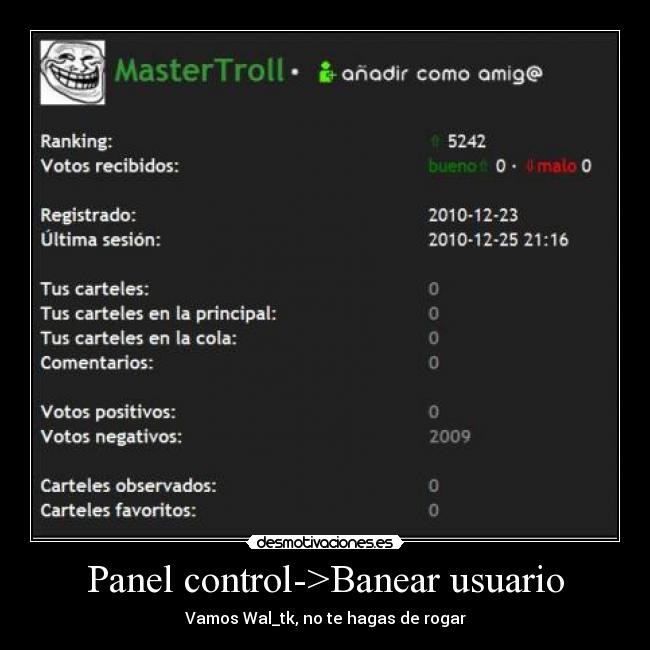 Panel control->Banear usuario - 