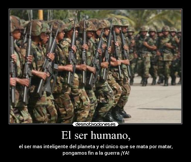 El ser humano, - el ser mas inteligente del planeta y el único que se mata por matar,
pongamos fin a la guerra ¡YA!
