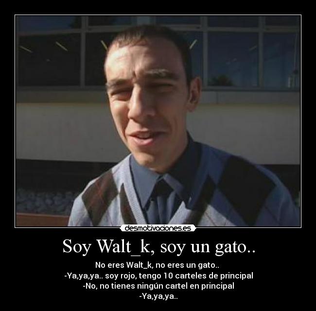 Soy Walt_k, soy un gato.. - No eres Walt_k, no eres un gato.. 
-Ya,ya,ya.. soy rojo, tengo 10 carteles de principal
-No, no tienes ningún cartel en principal
-Ya,ya,ya..