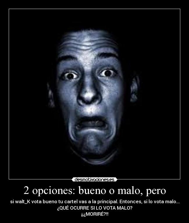 2 opciones: bueno o malo, pero - si walt_K vota bueno tu cartel vas a la principal. Entonces, si lo vota malo...
¿QUÉ OCURRE SI LO VOTA MALO?
¡¡¿MORIRÉ?!!