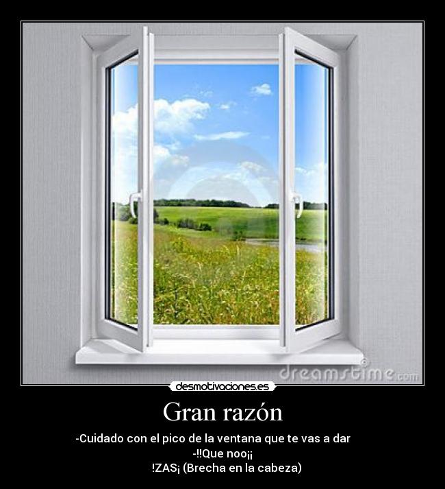 Gran razón -       -Cuidado con el pico de la ventana que te vas a dar             
                            -!!Que noo¡¡                            
   !ZAS¡ (Brecha en la cabeza)