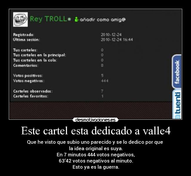 Este cartel esta dedicado a valle4 - Que he visto que subio uno parecido y se lo dedico por que
la idea original es suya.
En 7 minutos 444 votos negativos,
6342 votos negativos al minuto.
Esto ya es la guerra.